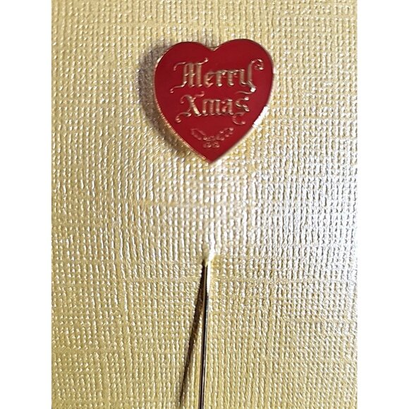 Vintage Red Heart Holly Script Merry Xmas Gold Tone Lapel/Hat Pin .75" x 2.5" - Picture 3 of 7